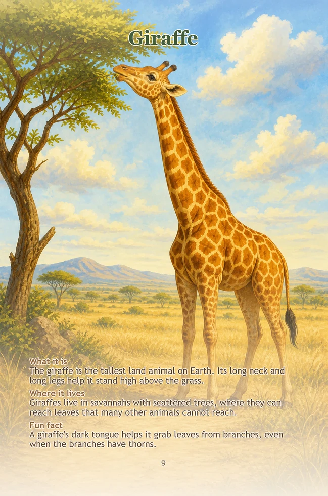 Sample giraffe page from Savannah Animals